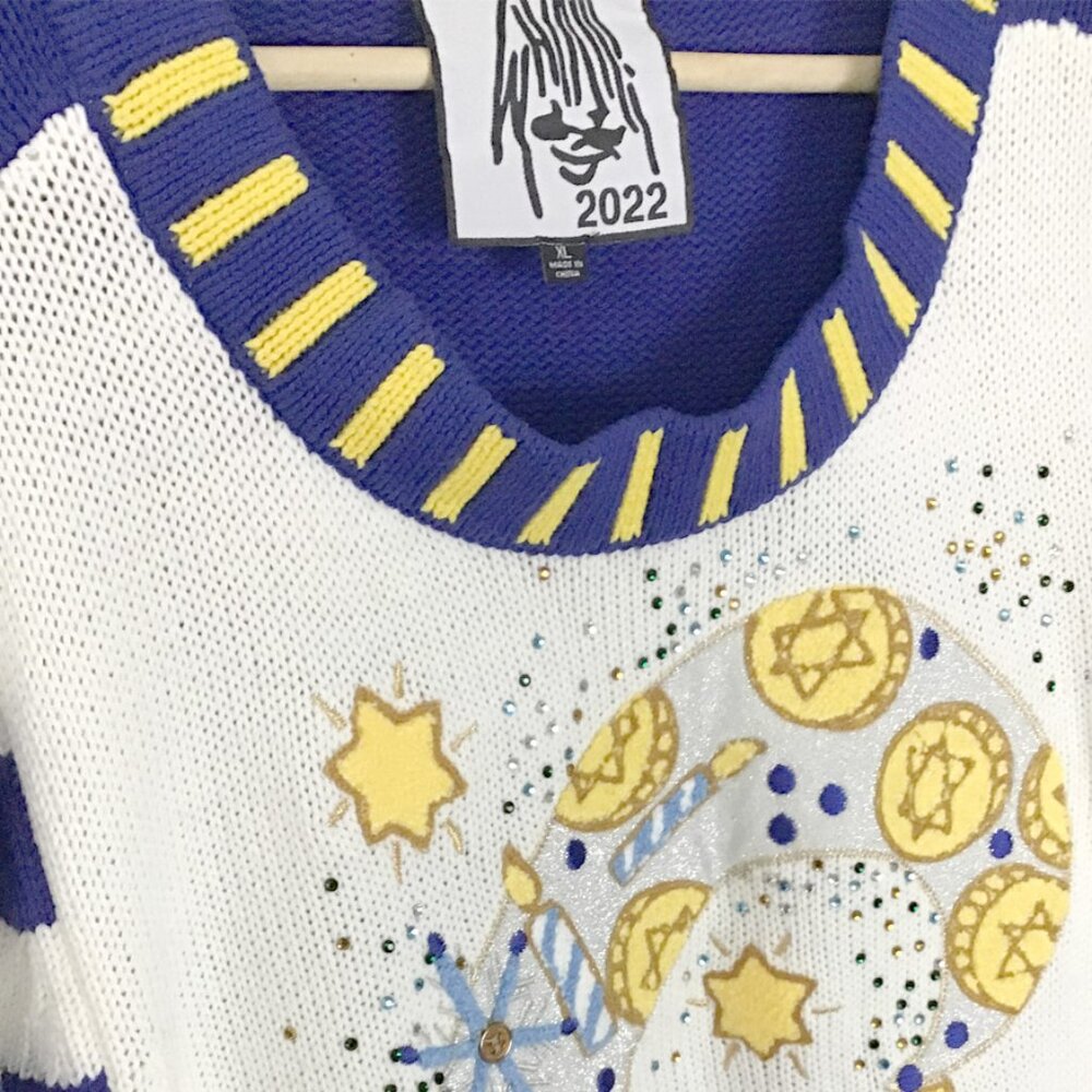 WHOOPI "C" For Chanukah Cotton Blend Crewneck Holiday Christmas Party Sweater - Picture 3 of 10